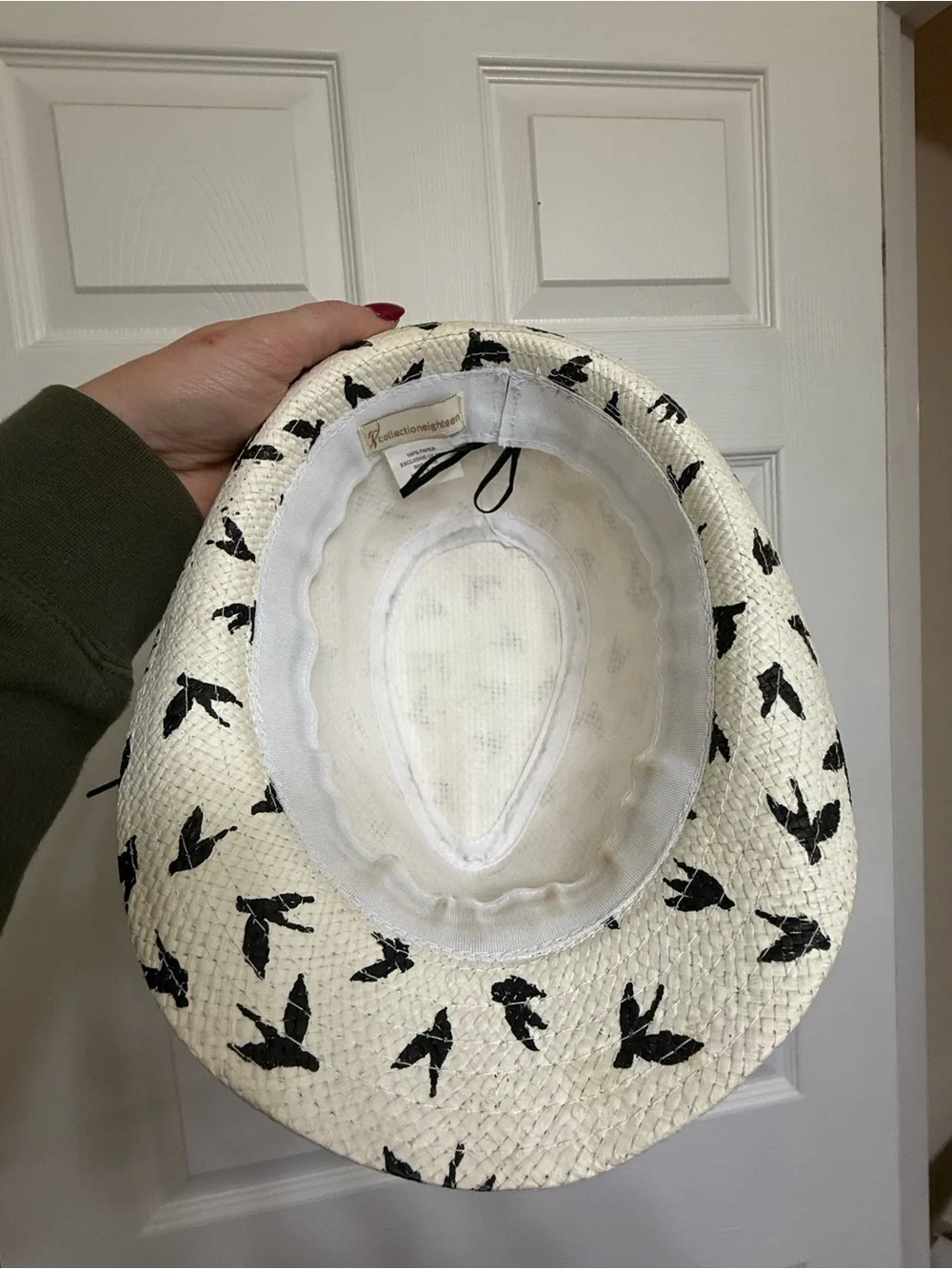 White Straw Hat with Black Bird Print
